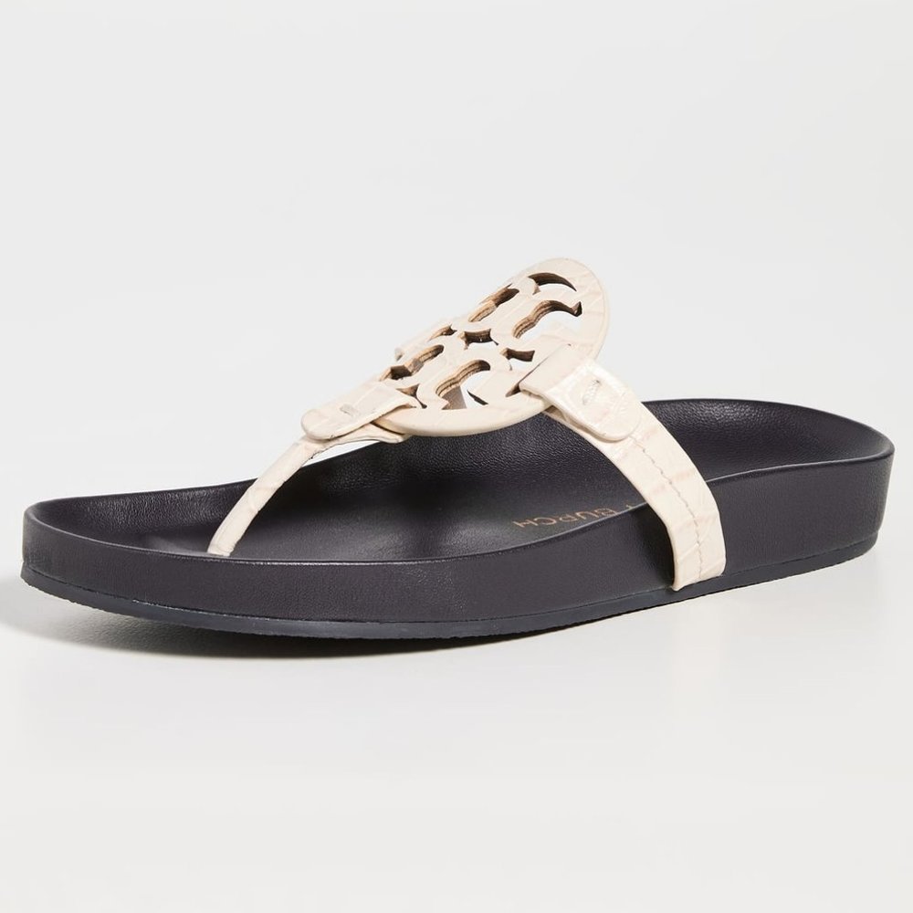 Tory Burch CROC EMBOSSED Miller Cloud Leather Thong Slides New Ivory Cream Navy - Picture 2 of 7